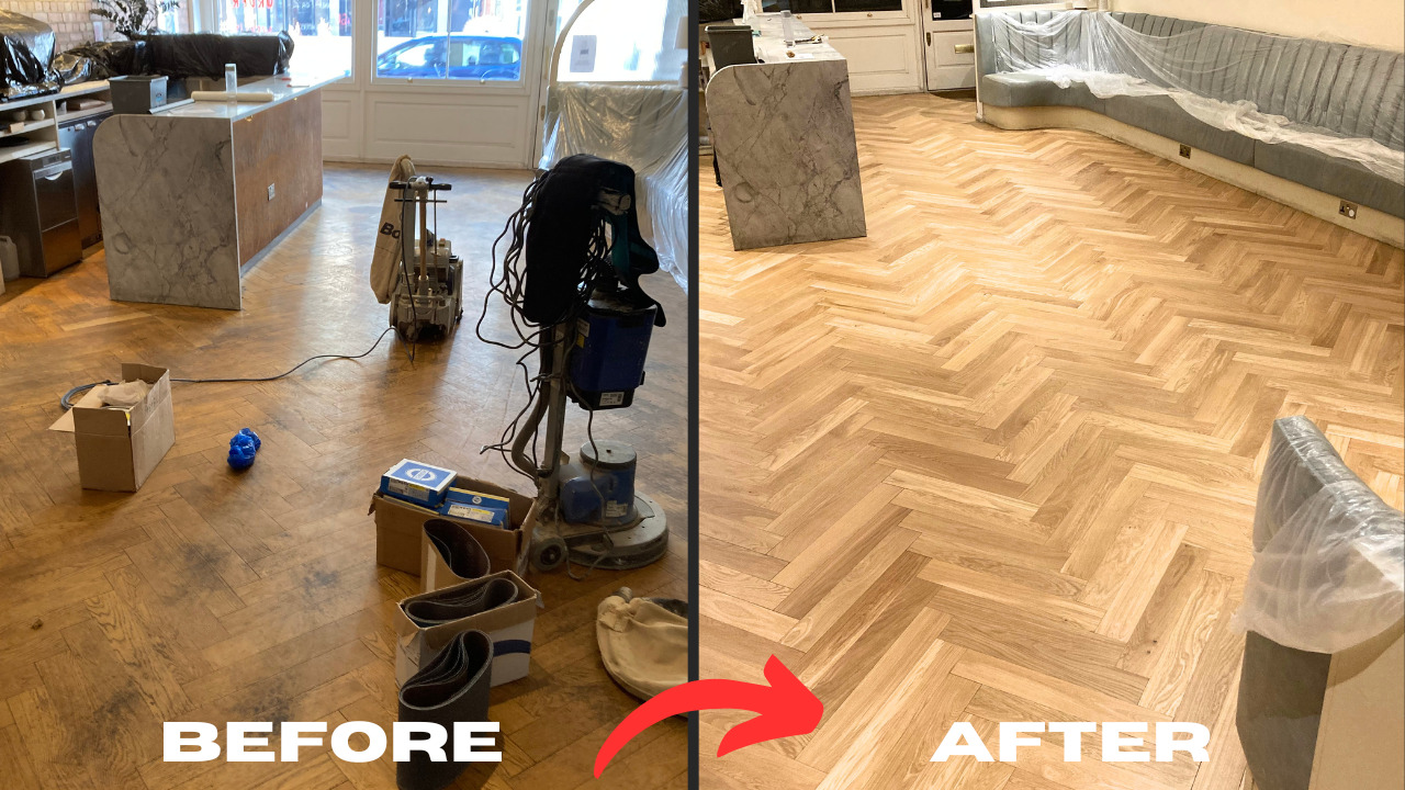 Sanding Parquet Floors in Sydenham – before-and-after of a herringbone oak parquet floor restored with professional sanding equipment in a commercial space.