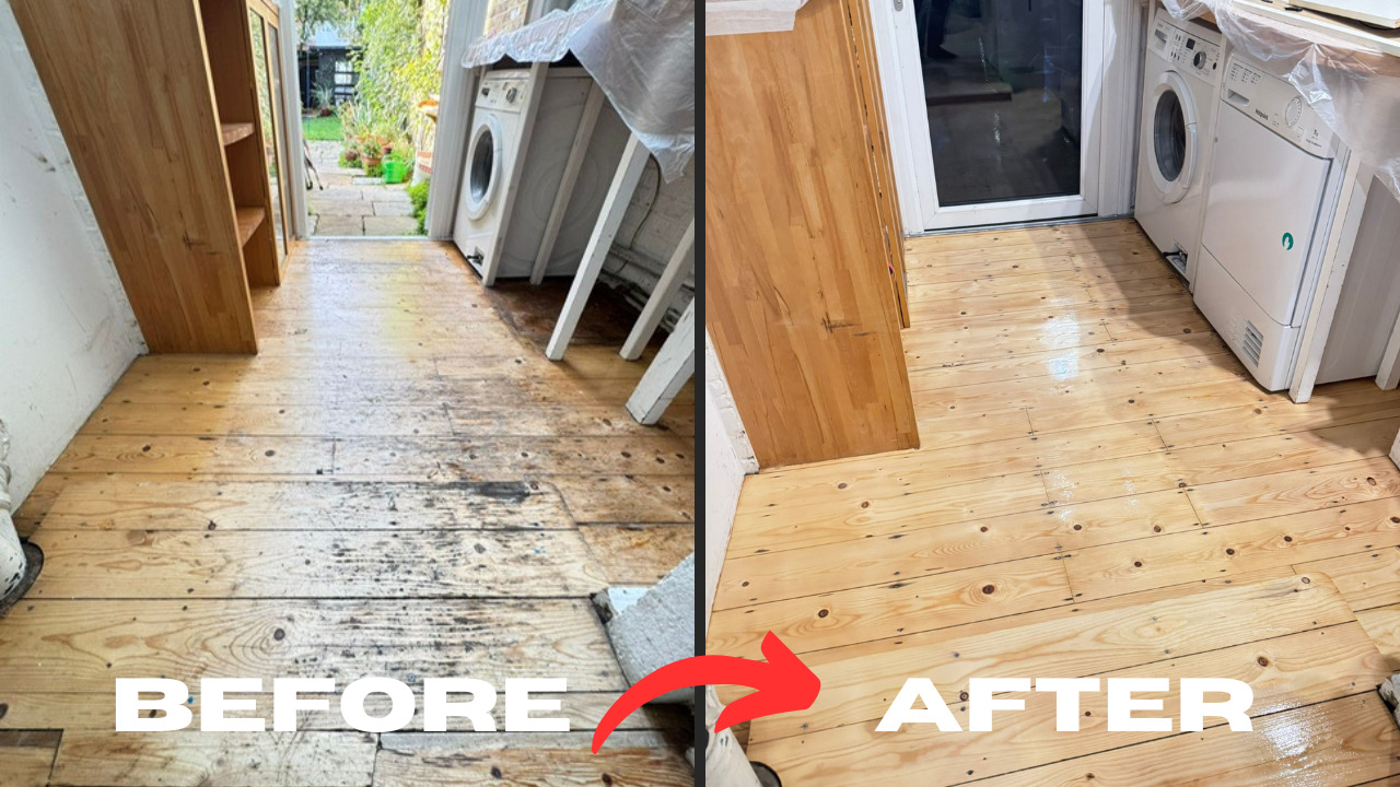 Wood floor sanding in Sydenham transforming dirty, stained softwood pine floorboards into a smooth, freshly finished surface in a utility hallway.