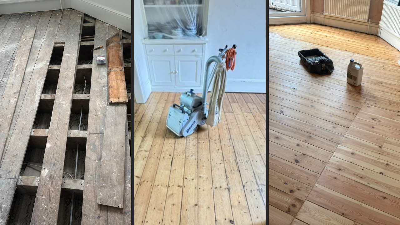 Wood Floor Sanding in Sydenham on softwood pine floorboards, showing the floor before repairs, during sanding and after refinishing for a smooth, light finish.