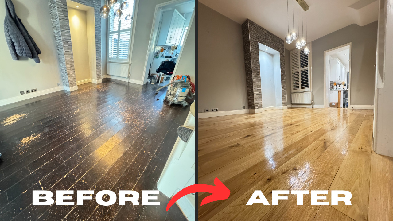 Hardwood Floor Refinishing in Sydenham showing a before and after of an oak hardwood living room floor restored from dark, scratched boards to a smooth, light, glossy finish.