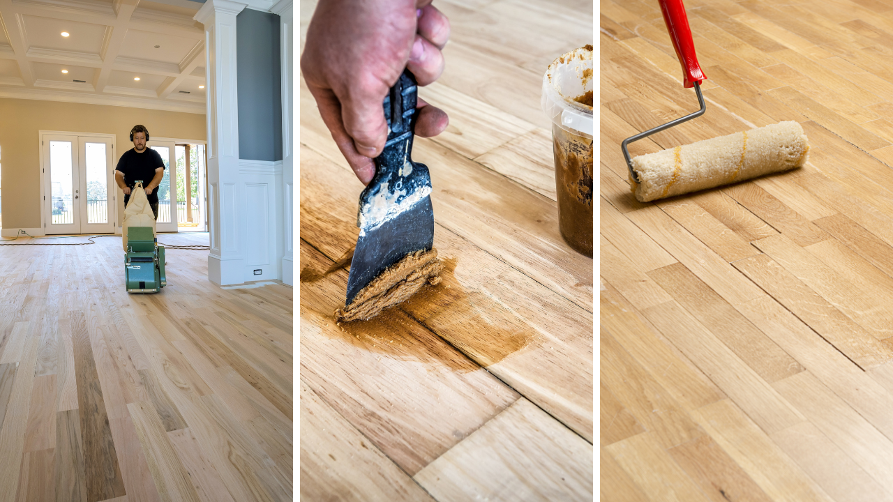 Hardwood Floor Refinishing in Sydenham showing a solid oak strip hardwood floor being sanded, gap filled and finished with a roller for a smooth, even surface.