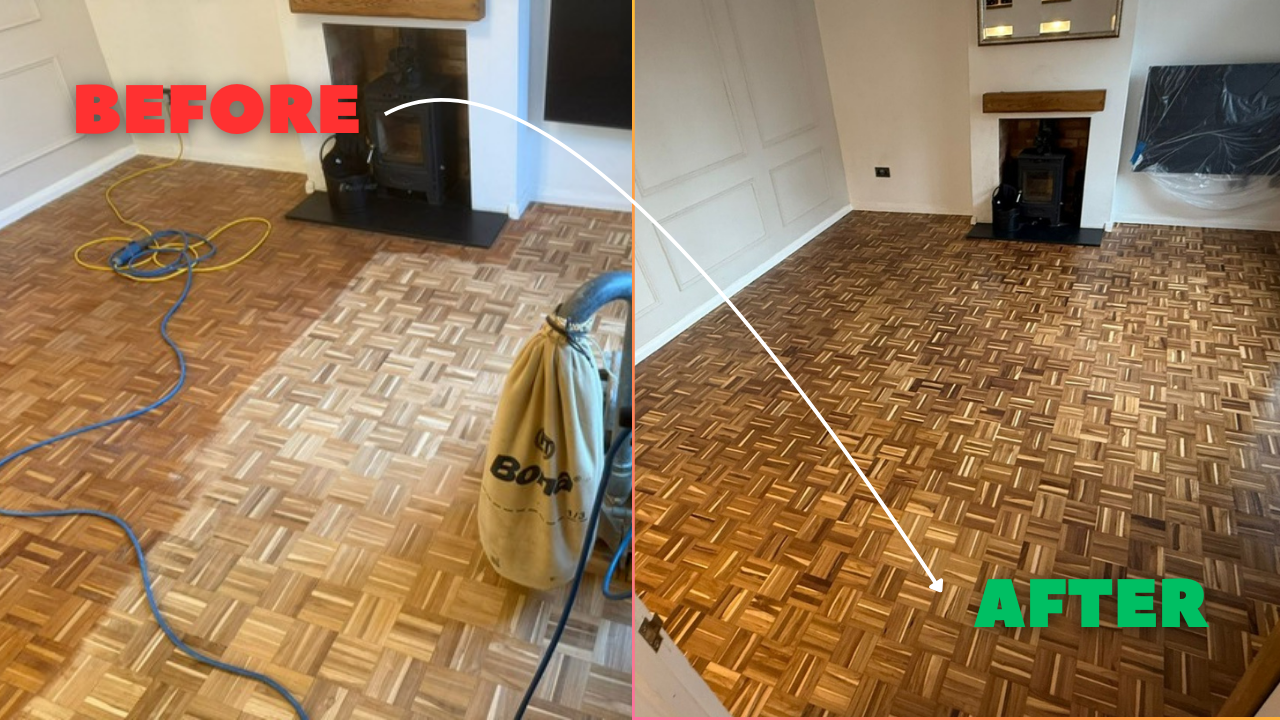 Before and after Wood Floor Sanding in Sydenham on mosaic oak parquet flooring in a living room restoration project