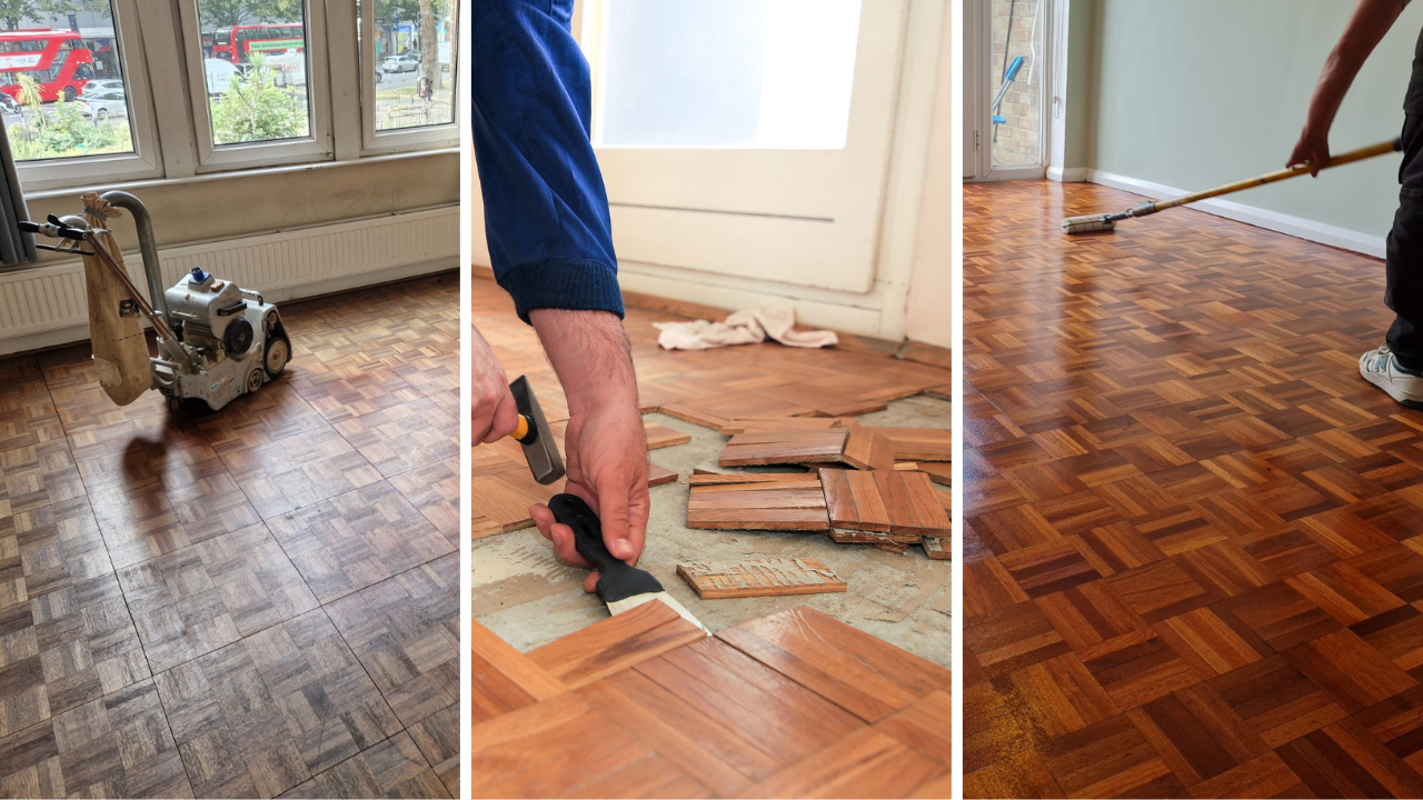 Wood Floor Sanding in Sydenham showing oak finger block parquet flooring through sanding, repair, and finishing stages