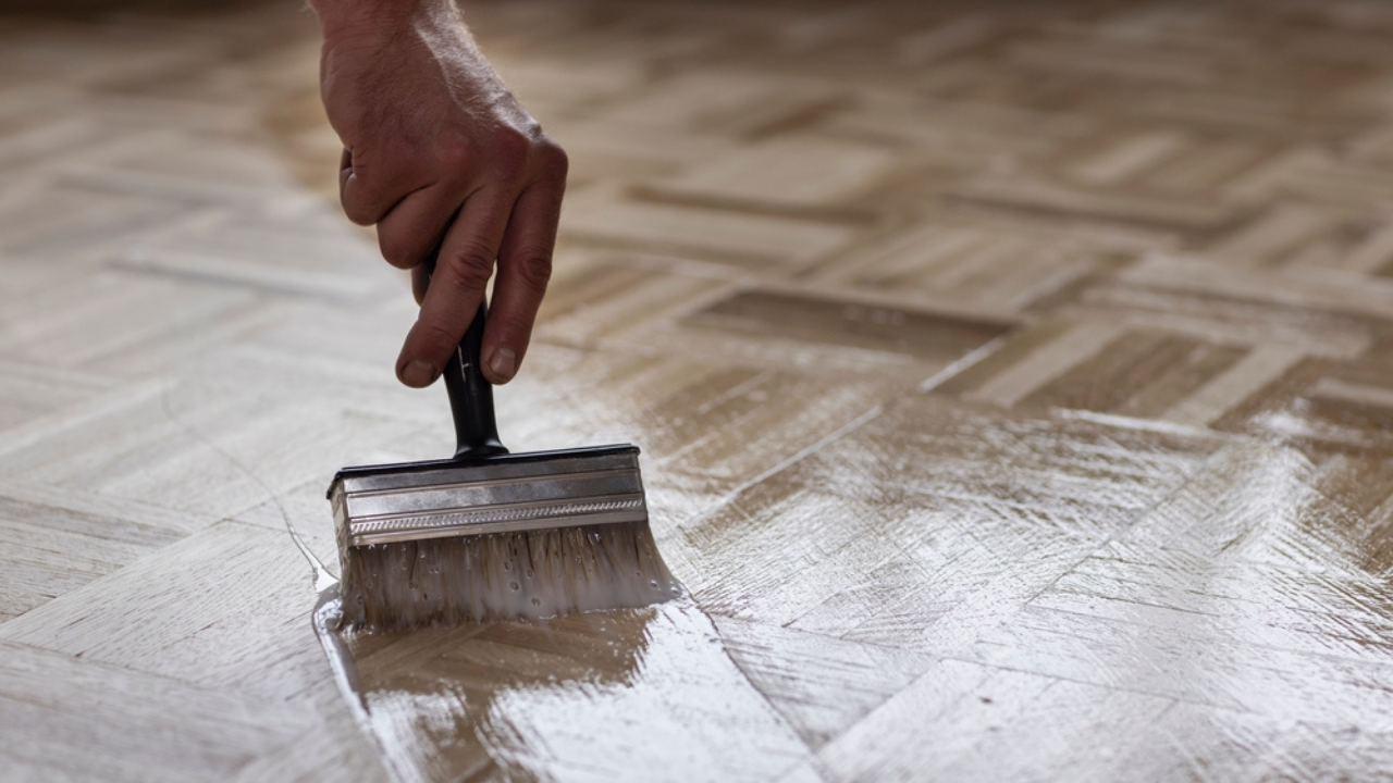 Wood Floor Sanding in Sydenham on oak herringbone parquet flooring during protective finish application