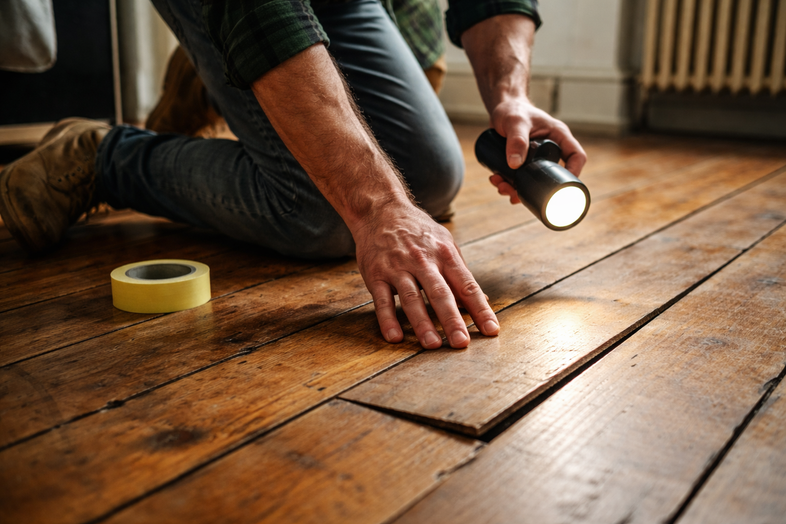 Floor sanding specialist inspecting loose and bouncy timber floorboards in a Sydenham home before restoration work begins