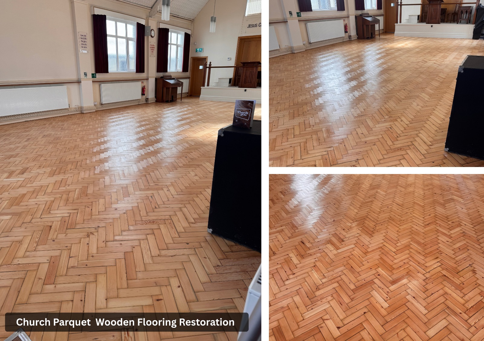 Restored light herringbone parquet flooring in a church hall after professional sanding and refinishing, shown in wide view and close-up details with lectern and windows in the background