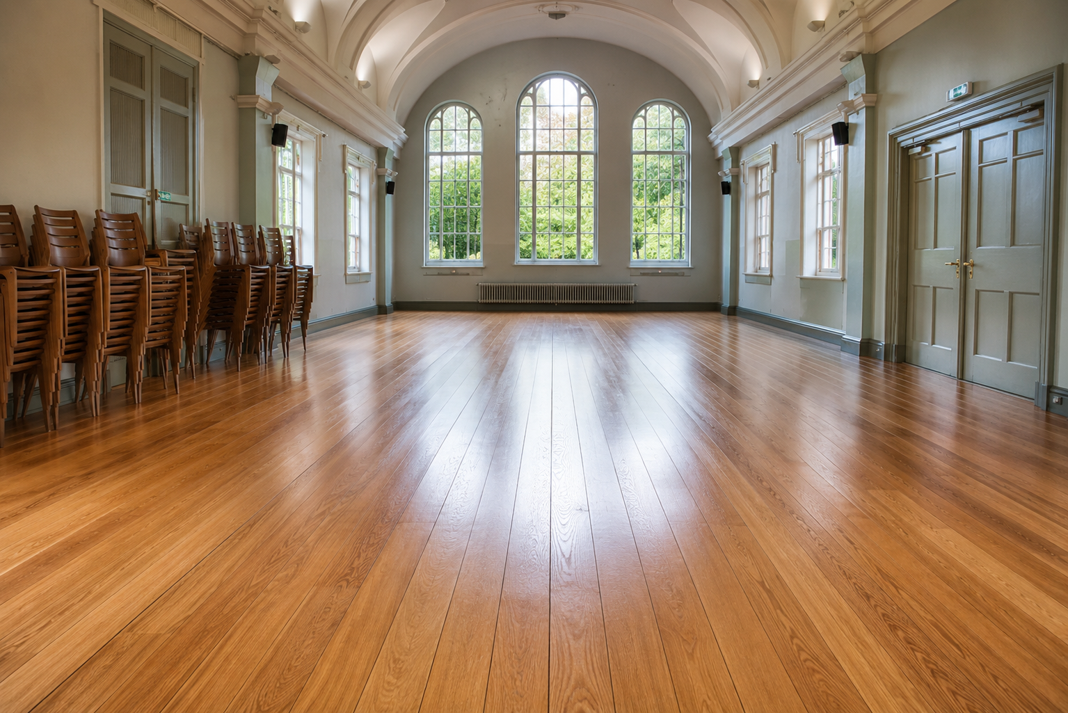Restored polished hardwood floor in a bright community hall with arched windows and stacked wooden chairs, showing professional floor sanding results