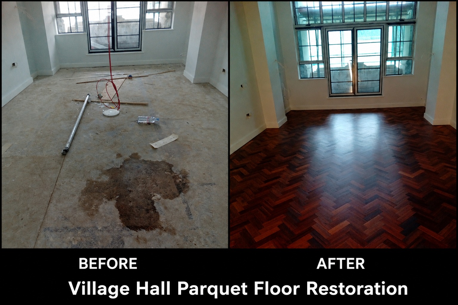 Before and after of a village hall parquet floor restoration – left shows dirty unfinished floor with debris and stains, right shows polished dark herringbone parquet after professional sanding and refinishing