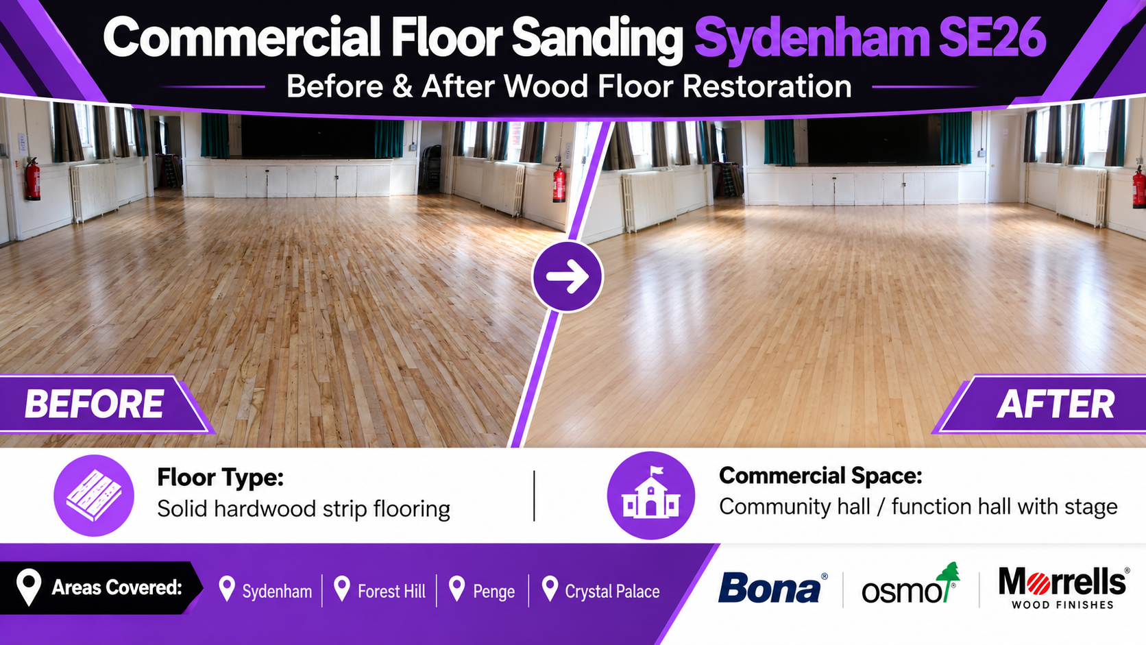 Before and after commercial floor sanding in Sydenham SE26 showing restored solid hardwood strip flooring in a community or function hall with a stage.